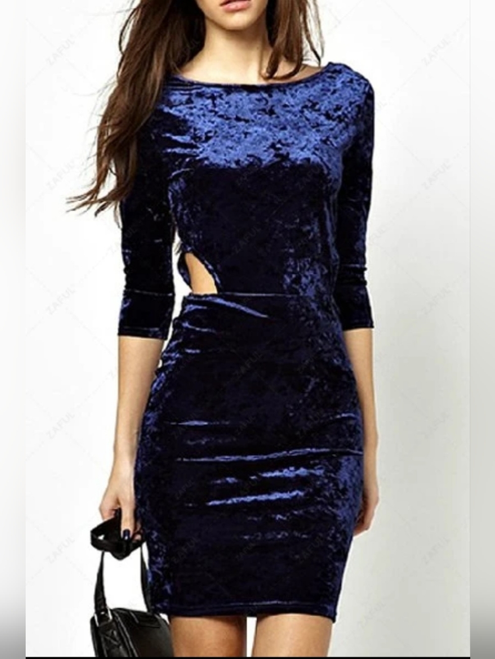 New Look Blue Velvet Sheath Bodycon Dress With Cut Out Detail, EUC, Size 12